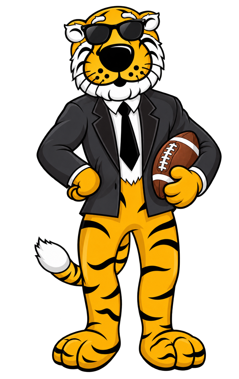 Cartoon Truman the Tiger in sunglasses and a black suit, holding a football